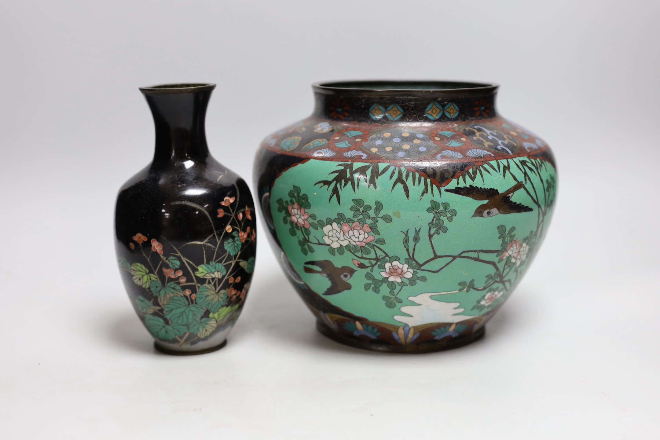 A Japanese cloisonné enamel vase and another smaller vase. Tallest 18cm
